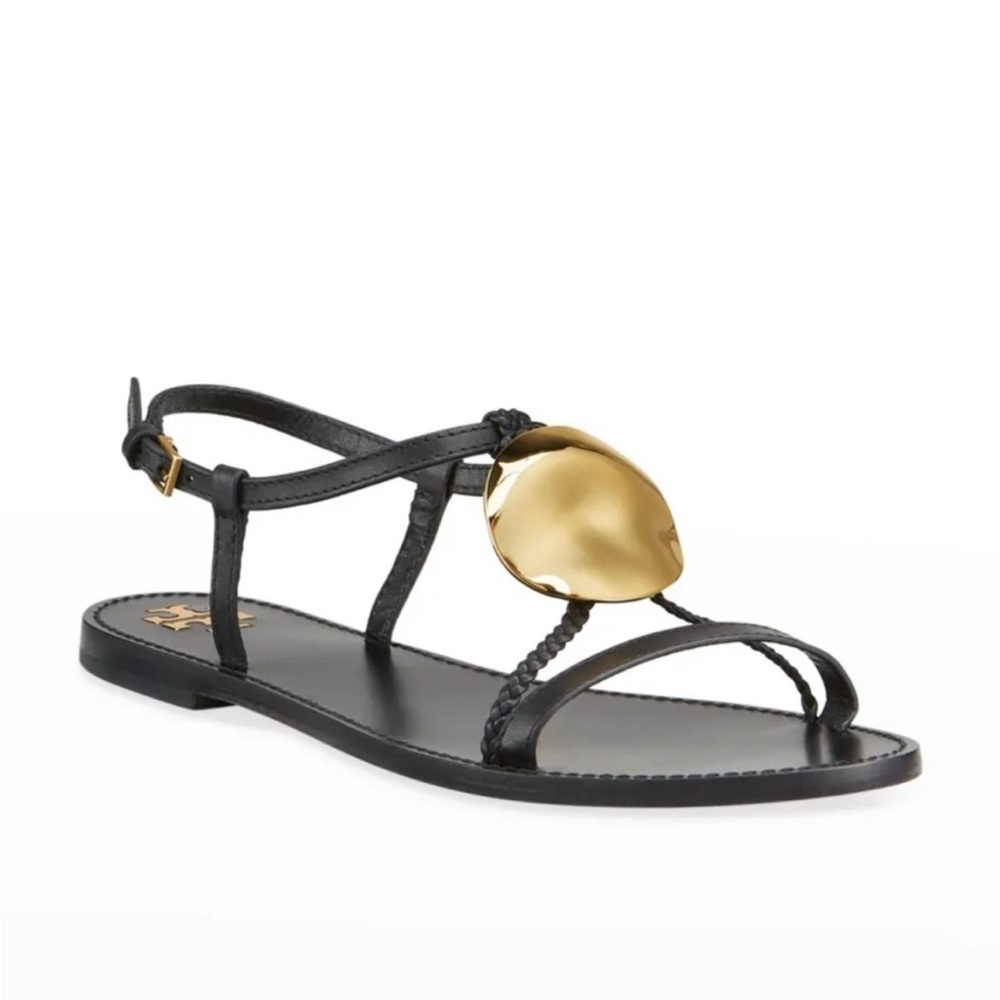 Tory Burch Patos Leather Flat Slingback Sandals sandals size 6.5 Black and gold